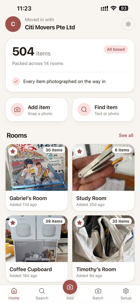 OsoFind home screen showing 504 items packed across 14 rooms